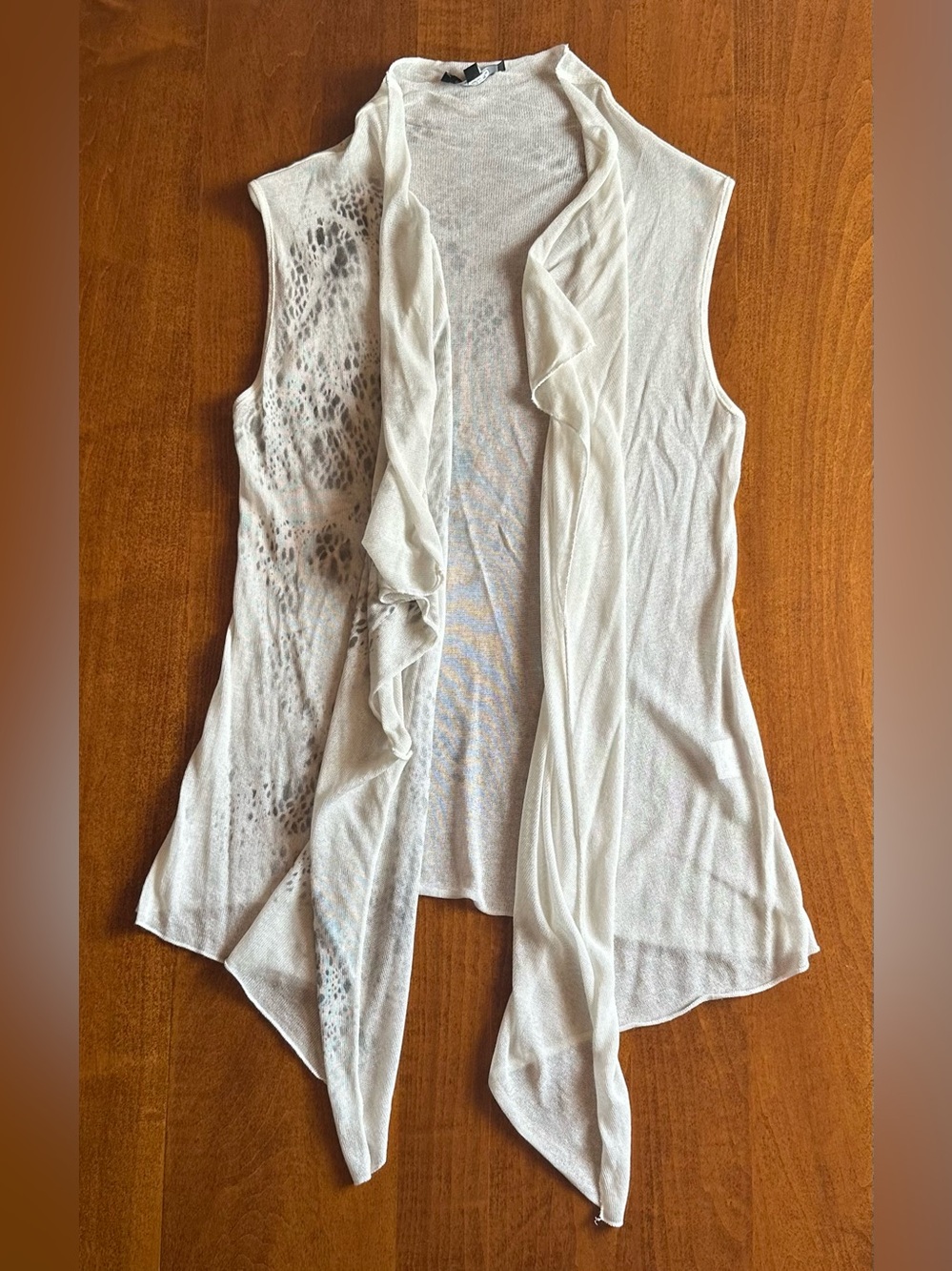 Akela Key•open-front waterfall vest•large•100% viscose•tunic/cardigan•ivory/gray